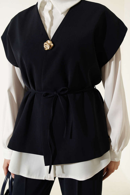 Navy Blue Two-Piece Set with Gold Brooch Vest