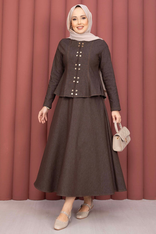 Gold Snap-Button Tencel Denim Two-Piece Set Brown