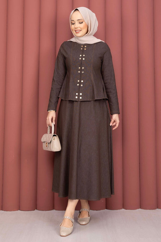 Gold Snap-Button Tencel Denim Two-Piece Set Brown