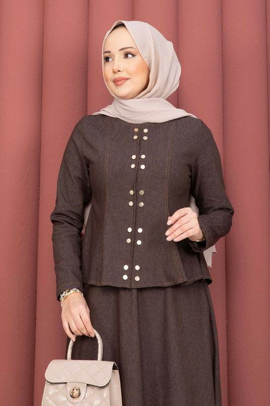 Gold Snap-Button Tencel Denim Two-Piece Set Brown