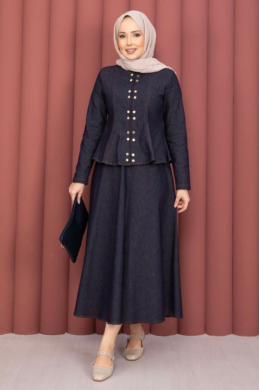 Gold Snap-Button Tencel Denim Two-Piece Set Navy Blue