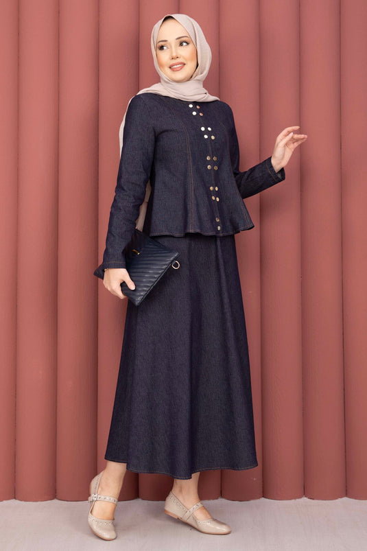 Gold Snap-Button Tencel Denim Two-Piece Set Navy Blue