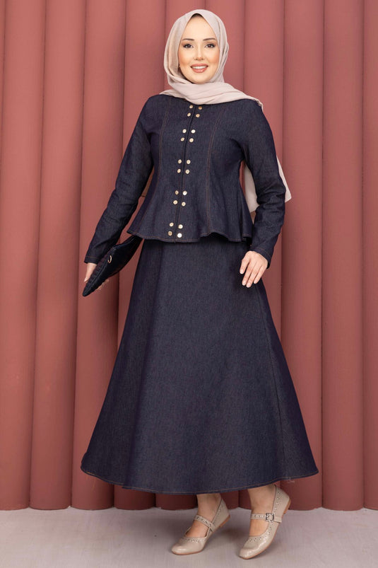 Gold Snap-Button Tencel Denim Two-Piece Set Navy Blue