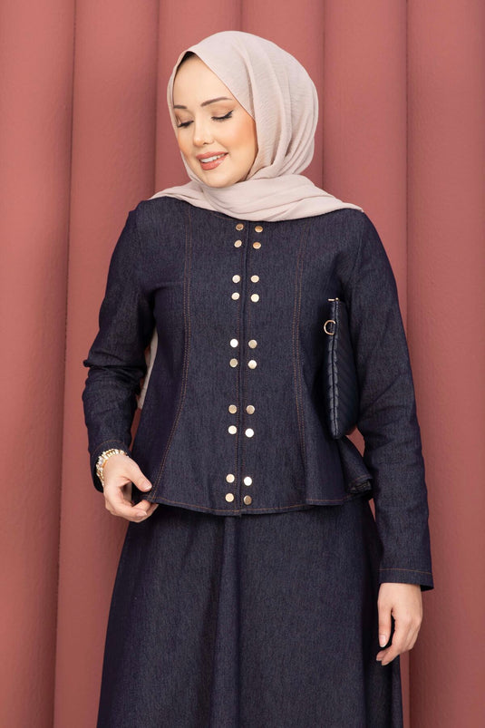 Gold Snap-Button Tencel Denim Two-Piece Set Navy Blue