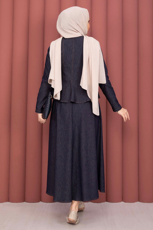 Gold Snap-Button Tencel Denim Two-Piece Set Navy Blue