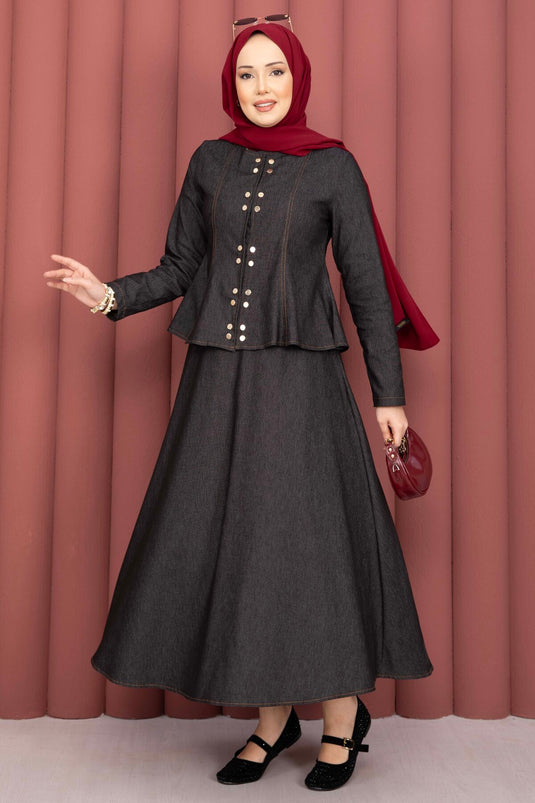 Ensemble double en tensel denim noir avec boutons-pression dorés