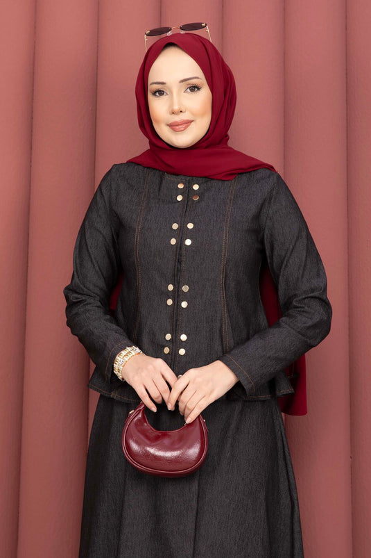 طقم مزدوج من القماش التنسل الجينز مع أزرار ضغط ذهبي - أسود