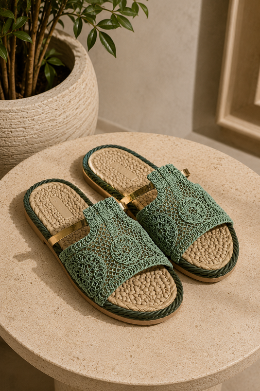 Mules en paille avec détails dorés, vert olive