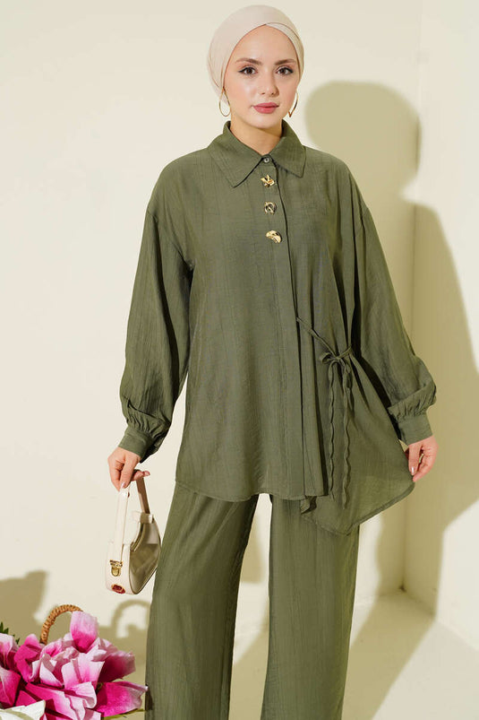 Gold Detaylı İp Bağlamalı İkili Takım Haki