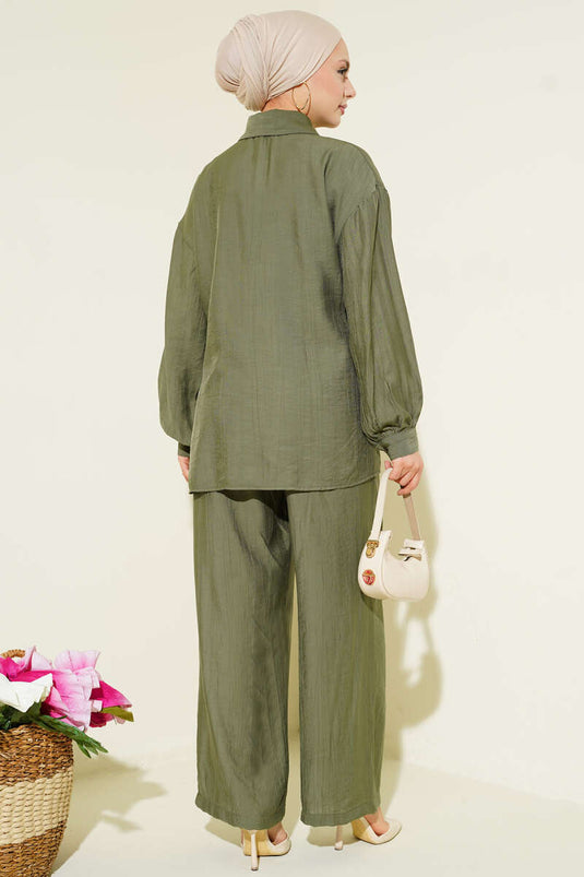 Gold Detaylı İp Bağlamalı İkili Takım Haki