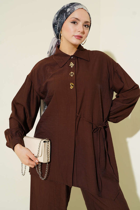 Gold Detaylı İp Bağlamalı İkili Takım Kahve