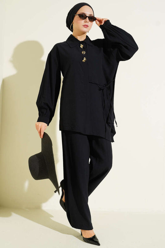 Gold Detaylı İp Bağlamalı İkili Takım Siyah