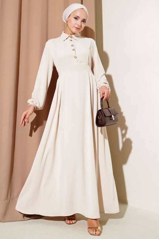 Gold Düğme Detaylı Elbise Bej