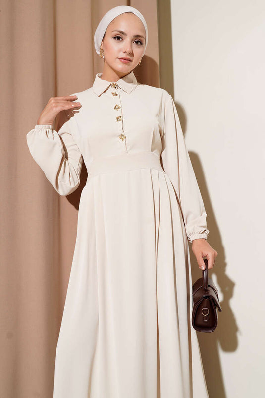 Gold Düğme Detaylı Elbise Bej