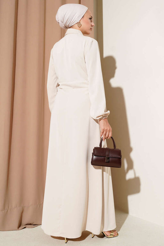 Gold Düğme Detaylı Elbise Bej