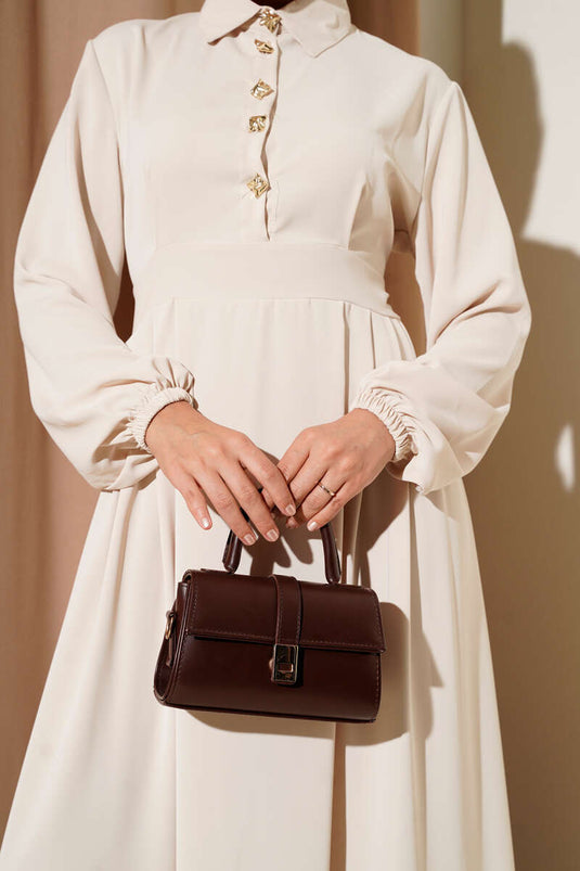 Gold Düğme Detaylı Elbise Bej