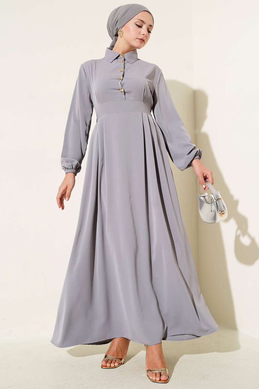 Gold Düğme Detaylı Elbise Gri