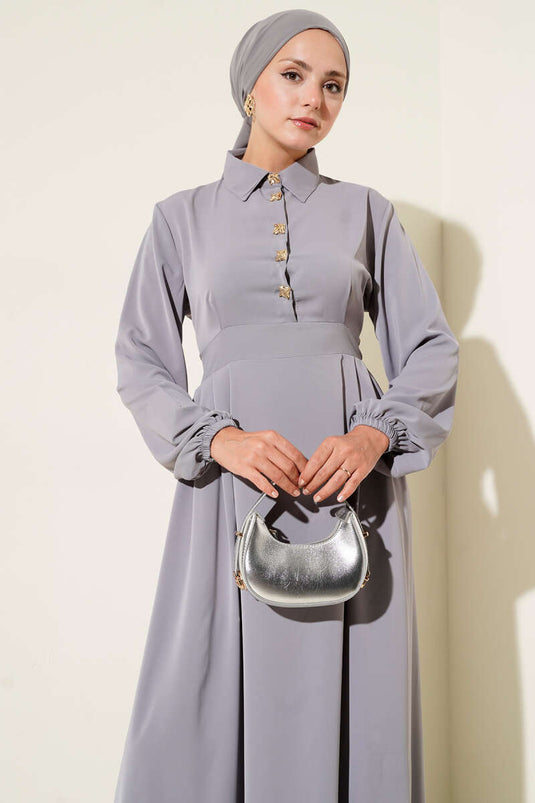 Gold Düğme Detaylı Elbise Gri