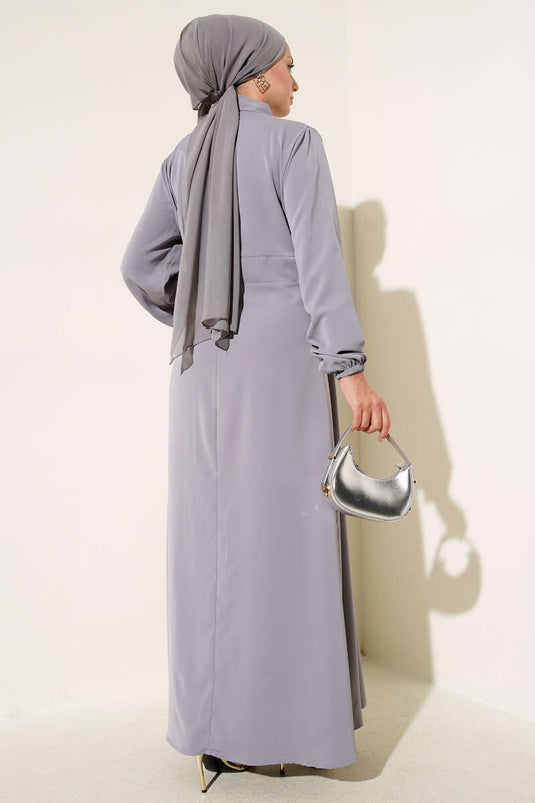 Gold Düğme Detaylı Elbise Gri