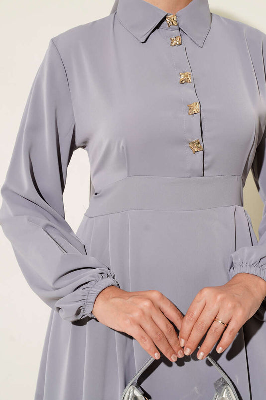 Gold Düğme Detaylı Elbise Gri