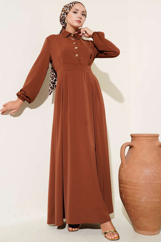 Gold Düğme Detaylı Elbise Kahve