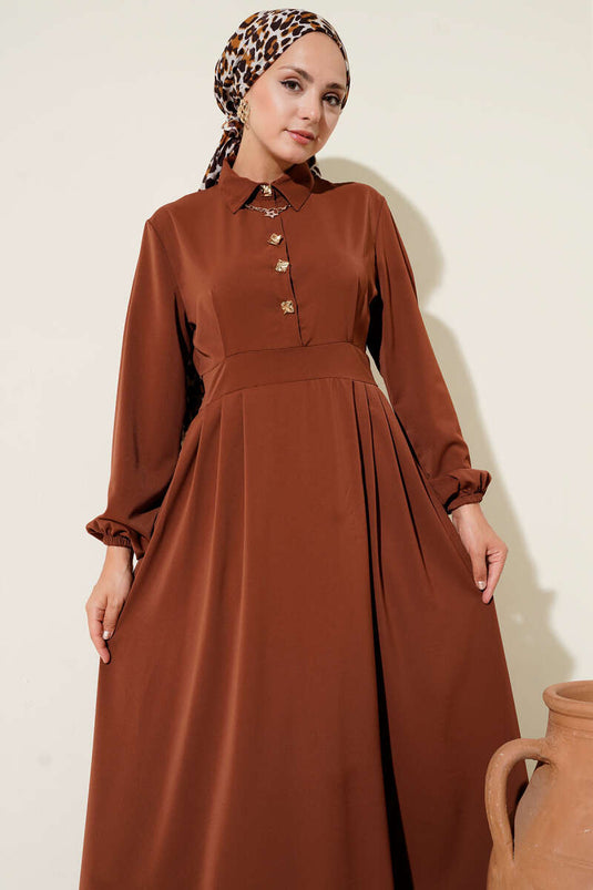 Gold Düğme Detaylı Elbise Kahve
