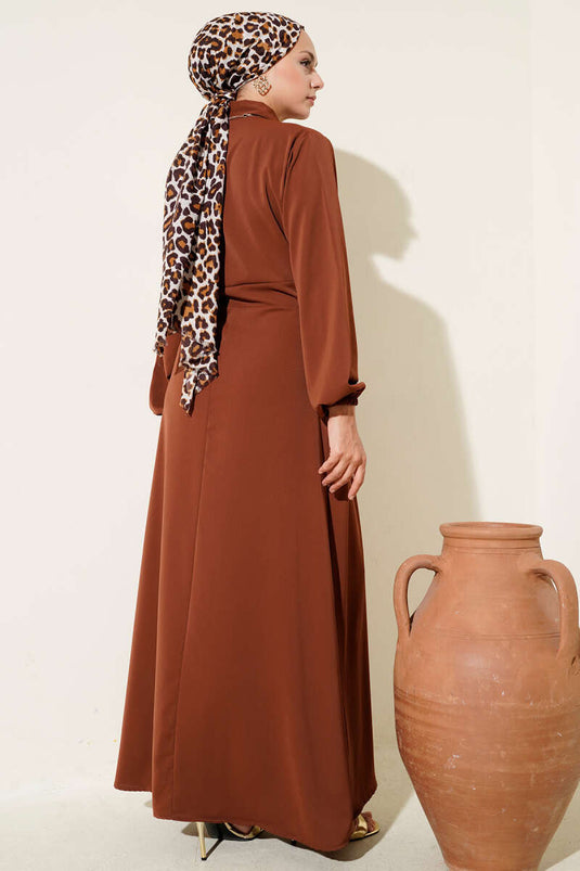 Gold Düğme Detaylı Elbise Kahve