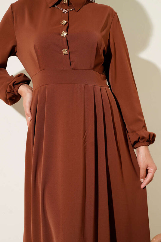 Gold Düğme Detaylı Elbise Kahve