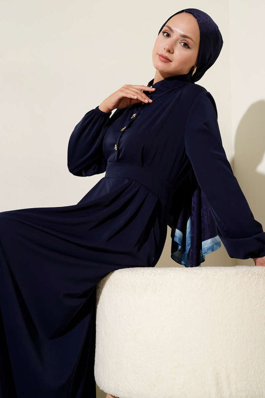 Gold Düğme Detaylı Elbise Lacivert