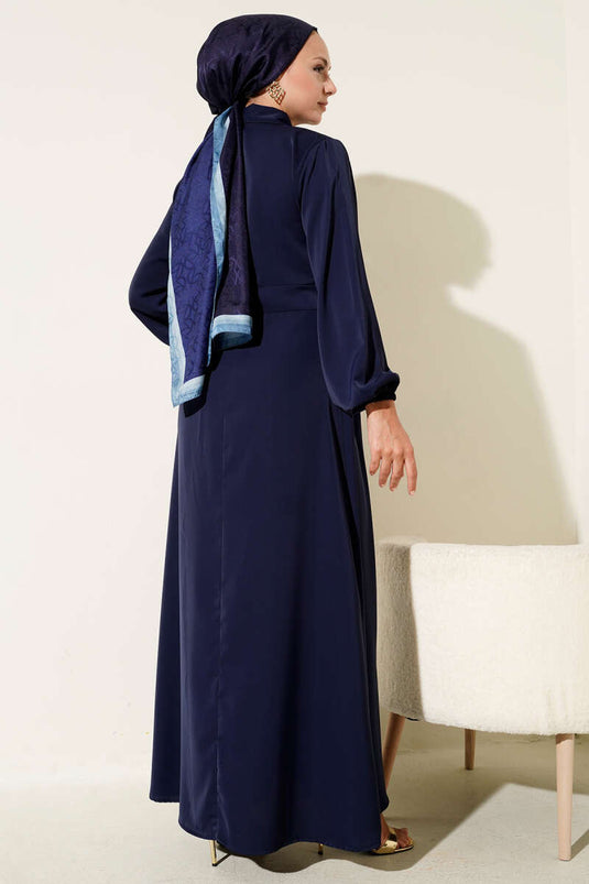 Gold Düğme Detaylı Elbise Lacivert