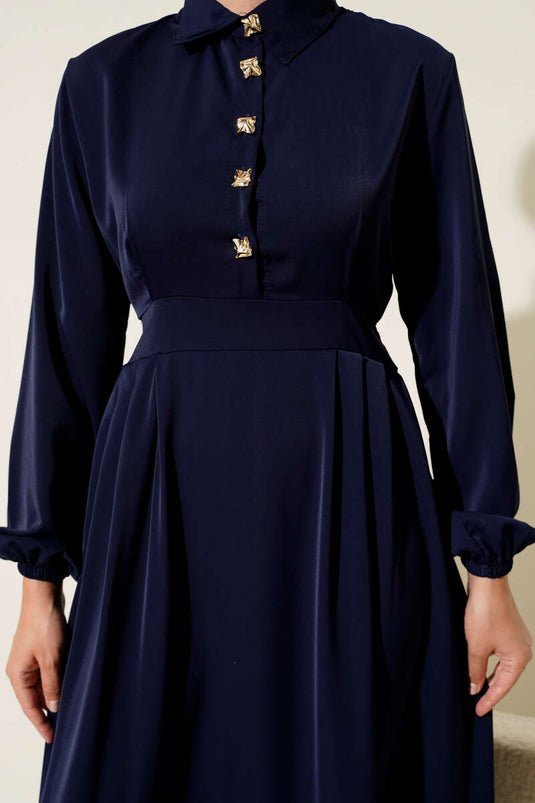 Gold Düğme Detaylı Elbise Lacivert