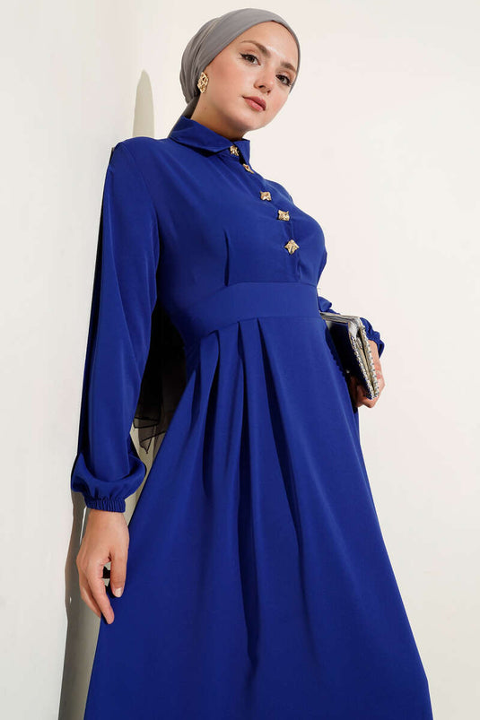 Gold Düğme Detaylı Elbise Saks