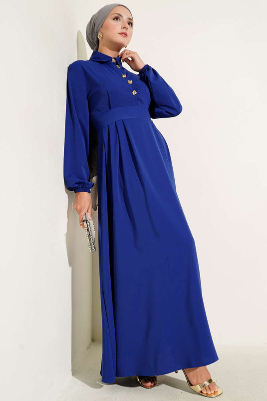 Gold Düğme Detaylı Elbise Saks