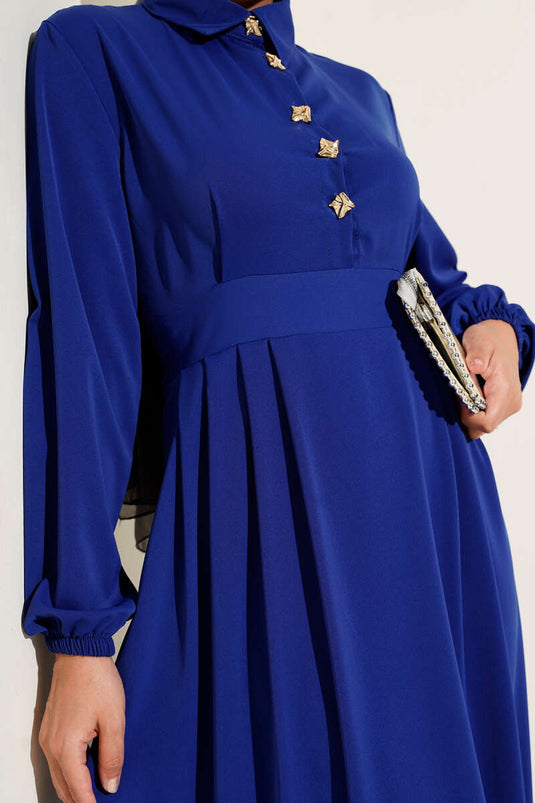 Gold Düğme Detaylı Elbise Saks