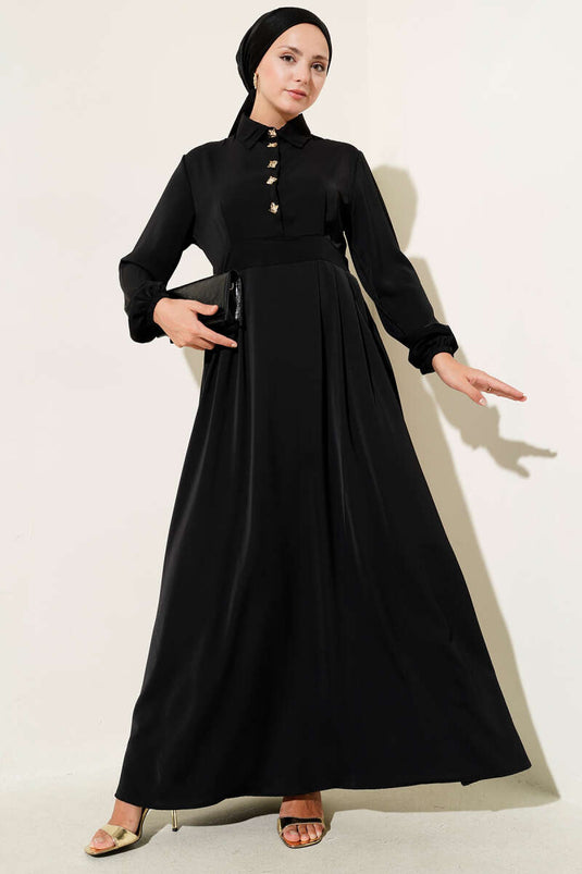 Gold Düğme Detaylı Elbise Siyah