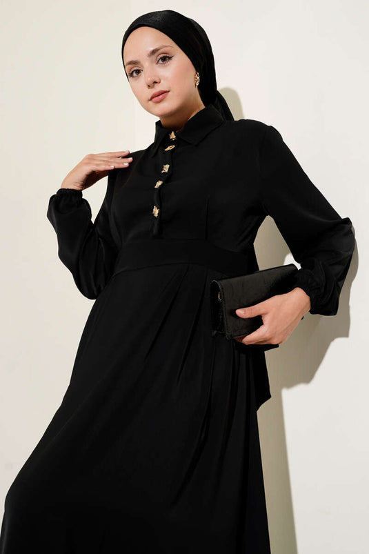 Gold Düğme Detaylı Elbise Siyah