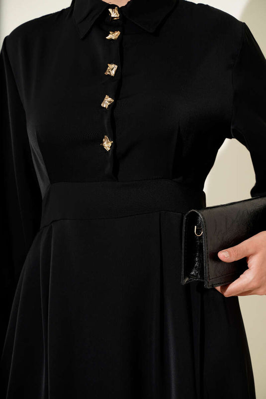 Gold Düğme Detaylı Elbise Siyah