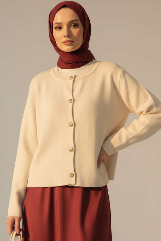 Chaqueta De Punto Corta Beige Con Botones Dorados