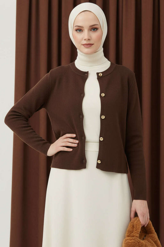 Gold Düğme Detaylı Kısa Triko Hırka Kahve