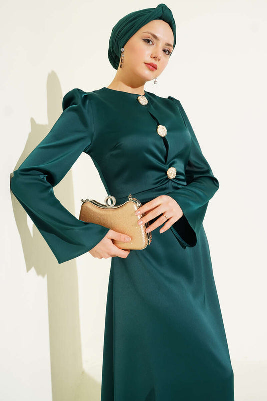 Emerald Satin Evening Dress with Gold Button Detail