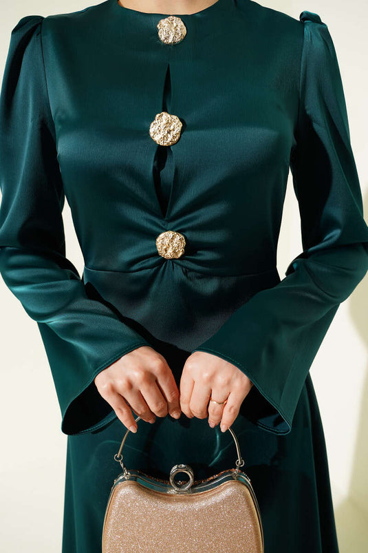 Emerald Satin Evening Dress with Gold Button Detail