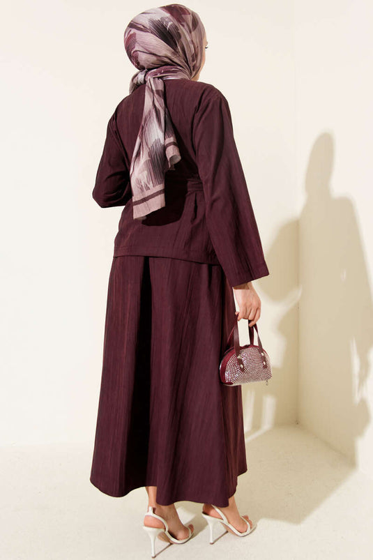 Gold Düğme Detaylı Tensel Etekli İkili Takım Mürdüm