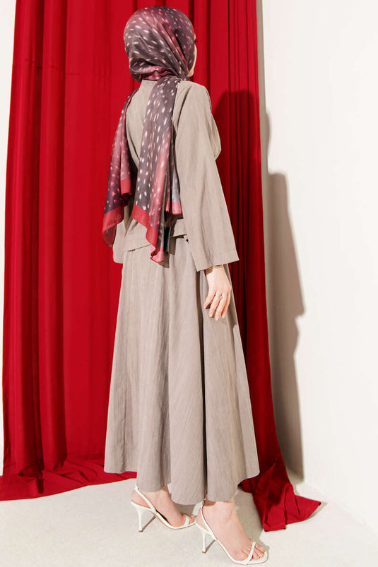 Gold Düğme Detaylı Tensel Etekli İkili Takım Vizon