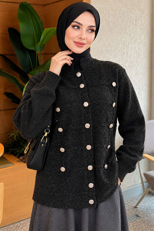 Gilet En Maille À Boutons Dorés Anthracite