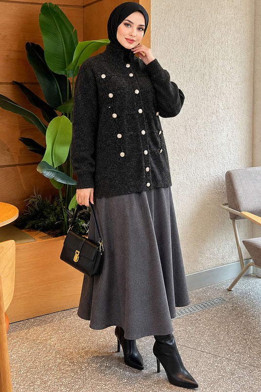 Gilet En Maille À Boutons Dorés Anthracite