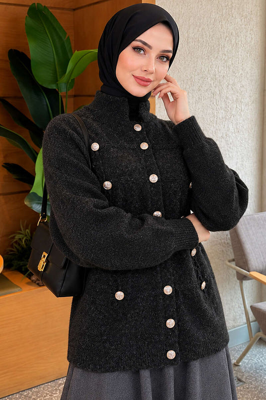 Gilet En Maille À Boutons Dorés Anthracite