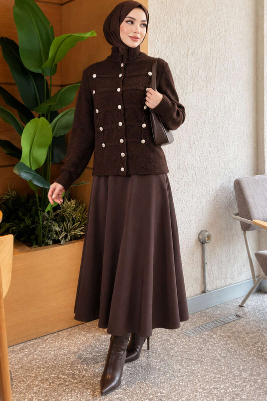 Gold Button Detail Knit Cardigan In Brown