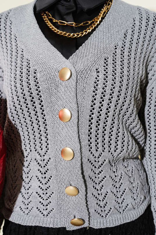 Gold Düğmeli Ajurlu Kısa Triko Hırka Gri