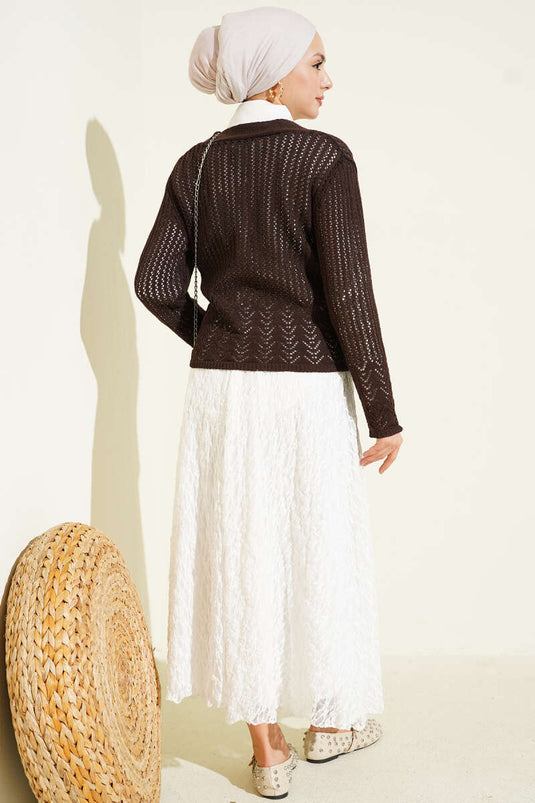 Gold Buttoned Openwork Short Knit Cardigan Brown