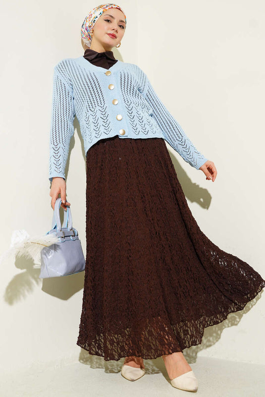 Gold Düğmeli Ajurlu Kısa Triko Hırka Mavi